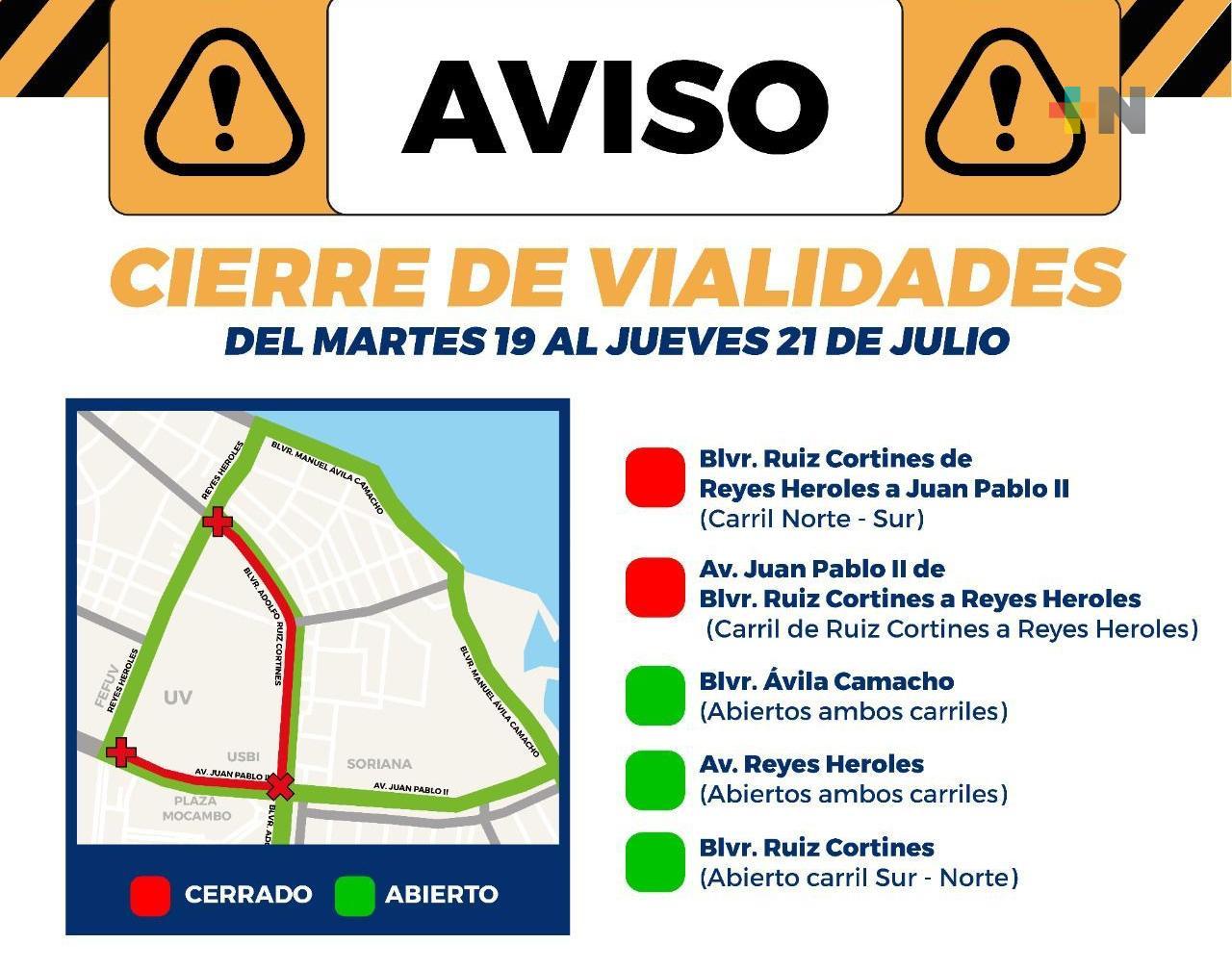 Anuncian cierre de vialidades por obras en Boca del Río