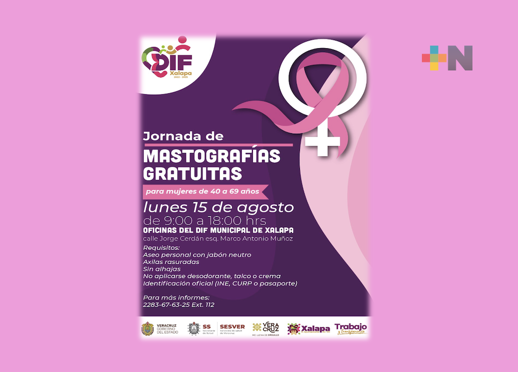 Este lunes 15 de agosto DIF Municipal de Xalapa realizará jornada de mastografías gratuitas