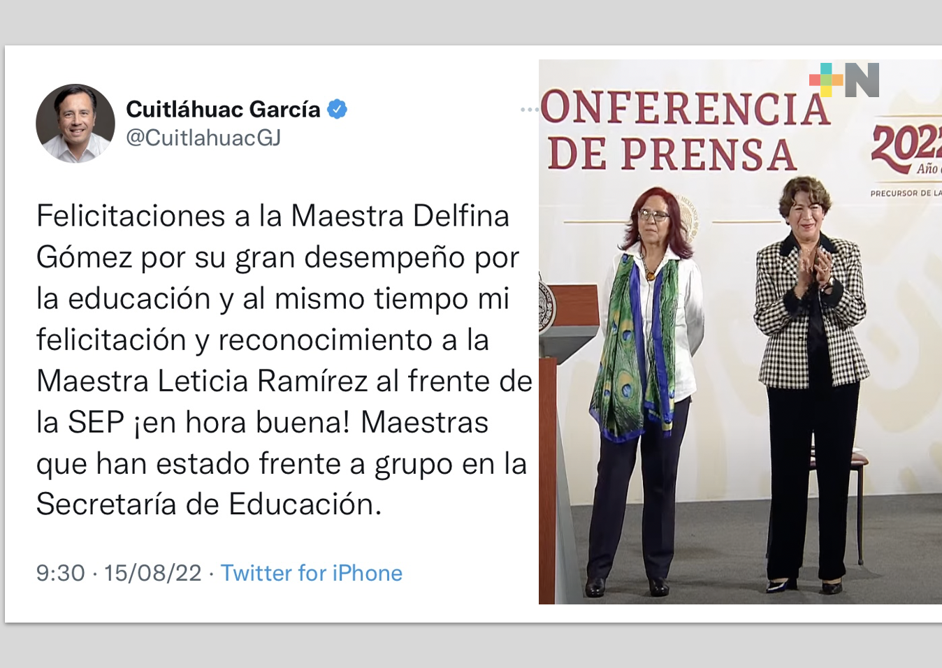Cuitláhuac García felicita a Delfina Gómez por desempeño en la SEP y se congratula con designación de Leticia Ramírez