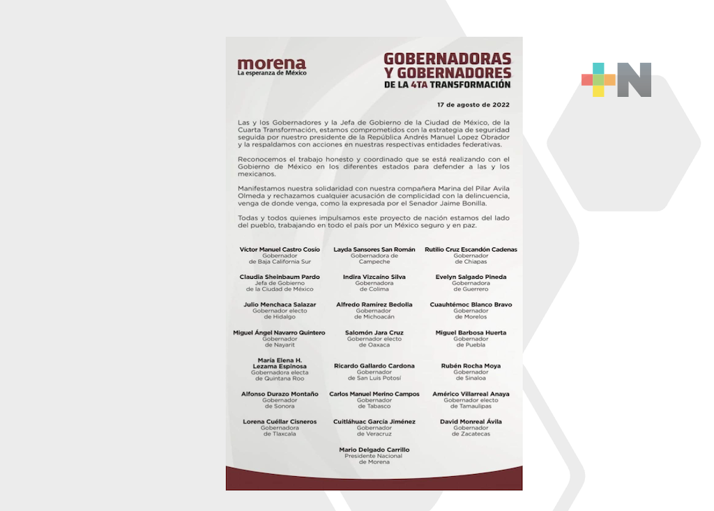 Mandatarios estatales de Morena respaldan trabajo honesto de la Gobernadora bajacaliforniana, Marina del Pilar Ávila