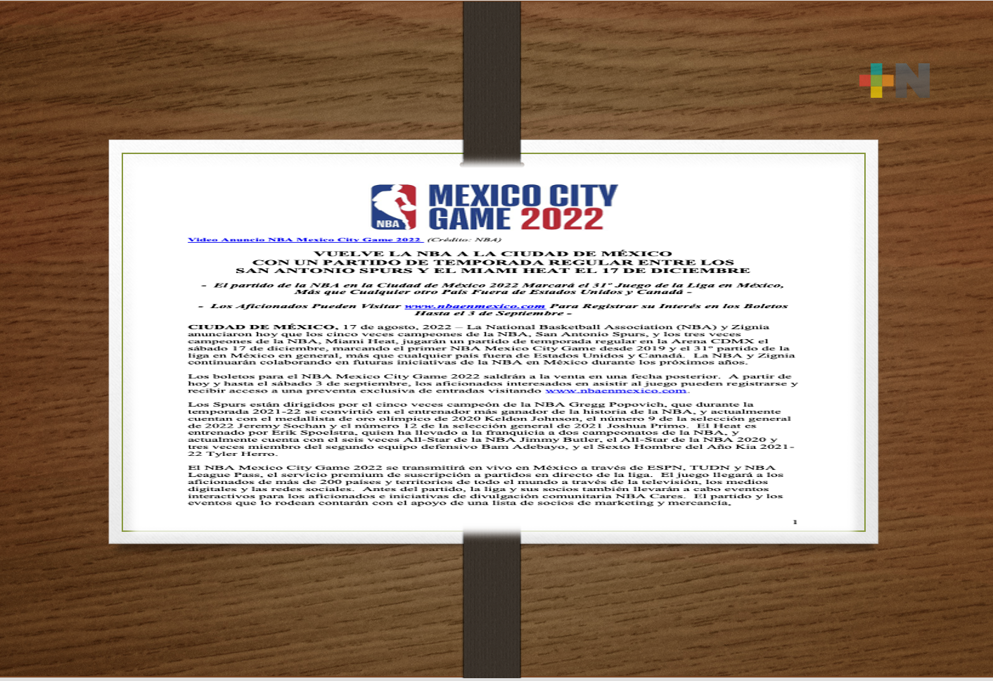 Vuelve la NBA a México, el 17 de diciembre jugarán: San Antonio vs Miami Heat