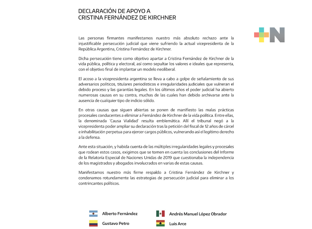 Presidentes de Bolivia, Argentina, Colombia y México condenan la persecución judicial contra Cristina Fernández de Kirchner