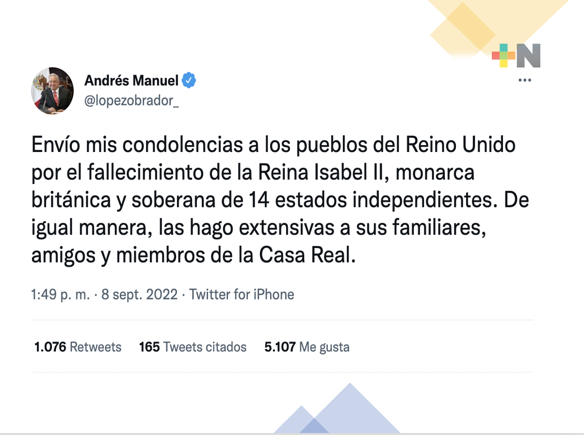 AMLO brinda condolencias a Casa Real por deceso de la Reina Isabel II