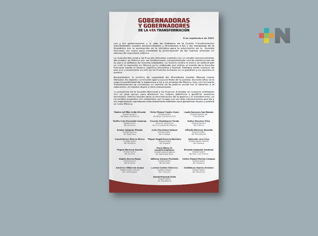 Felicitan gobernadoras y gobernadores de Morena a Senadores por aprobar adscripción de GN a Sedena