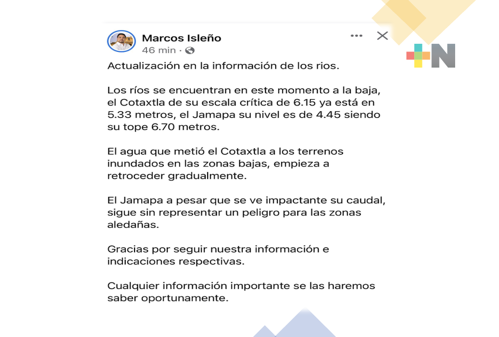 Alcalde de Medellín actualiza status de los niveles en Ríos Cotaxtla y Jamapa