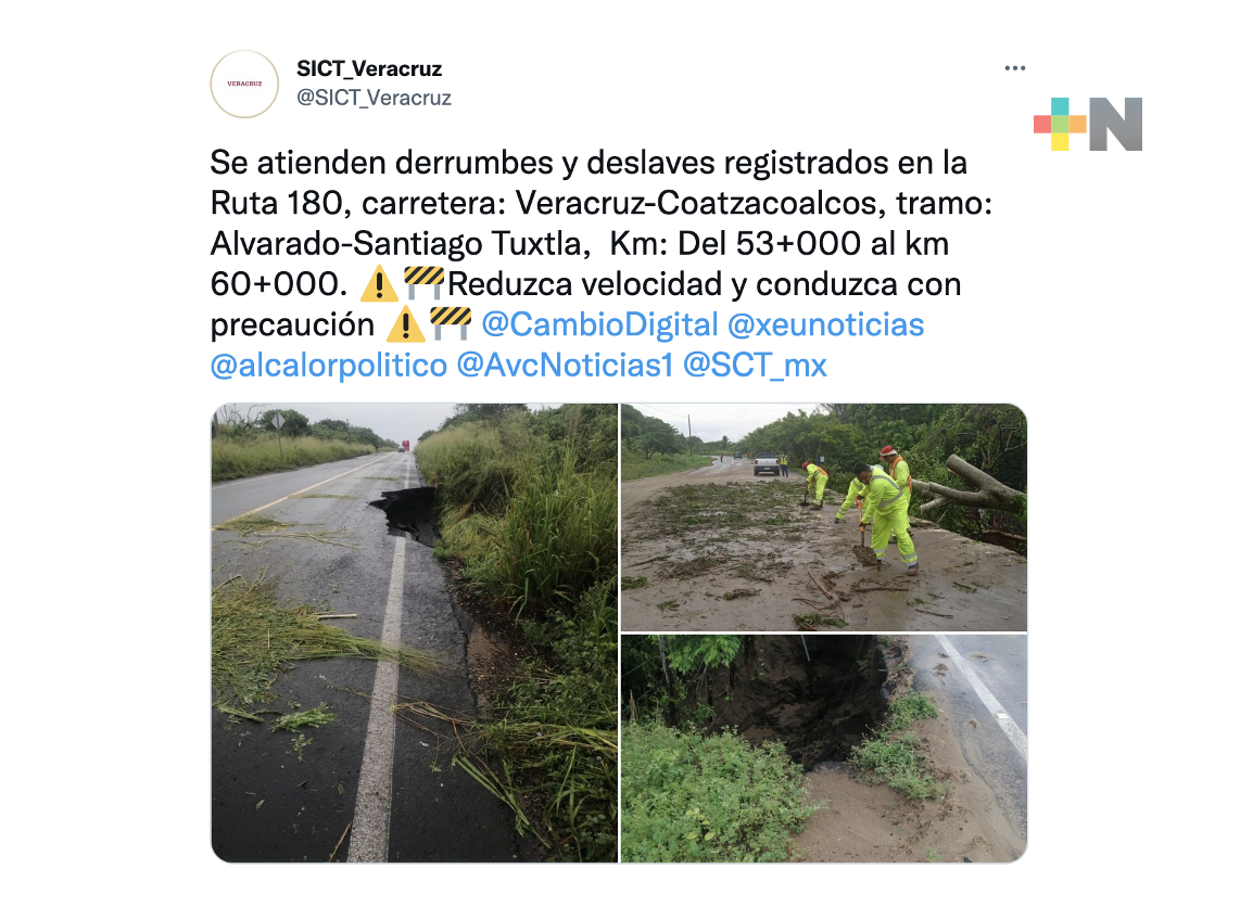 SICT Veracruz atiende derrumbes y deslaves en carretera Veracruz-Coatza en tramo Alvarado-Santiago Tuxtla
