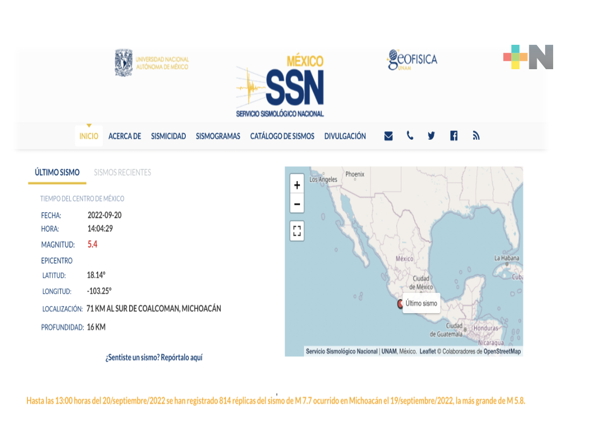 SSN registra réplica #814 del sismo en Coalcoman, este martes de magnitud 5.4
