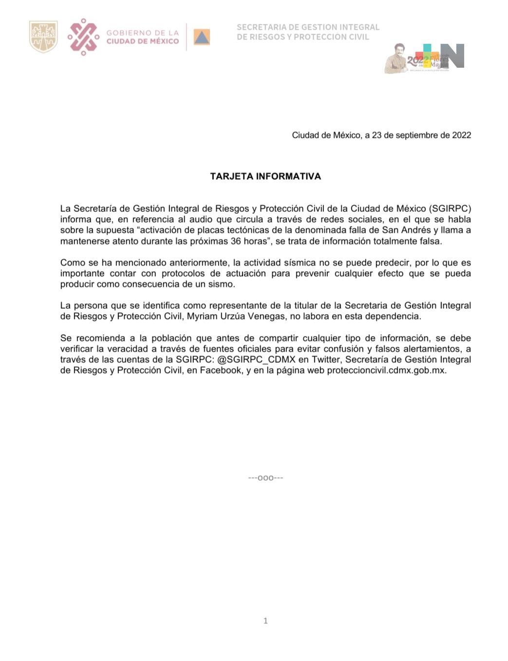 Difunde SPC-Veracruz aclaración de PC de la CDMX sobre información falsa