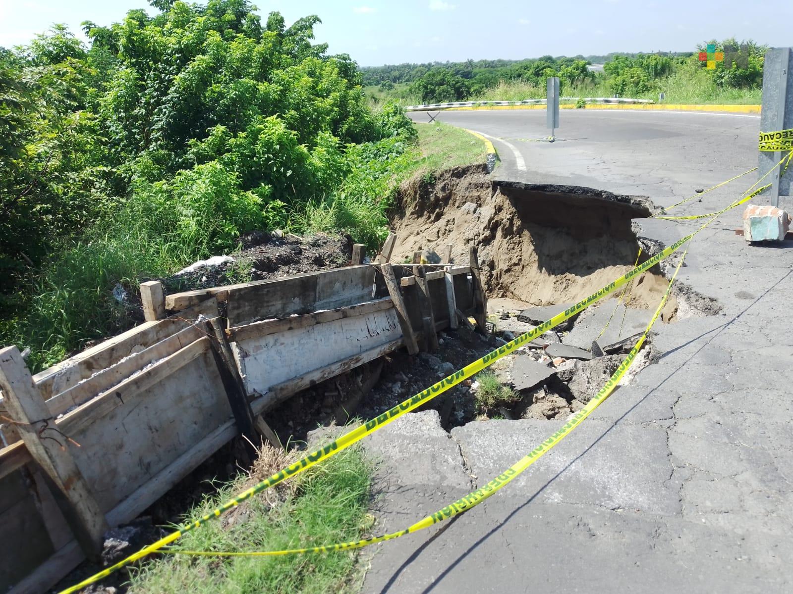 Por lluvias, crece socavón en carretera a la altura de la Cabeza Olmeca