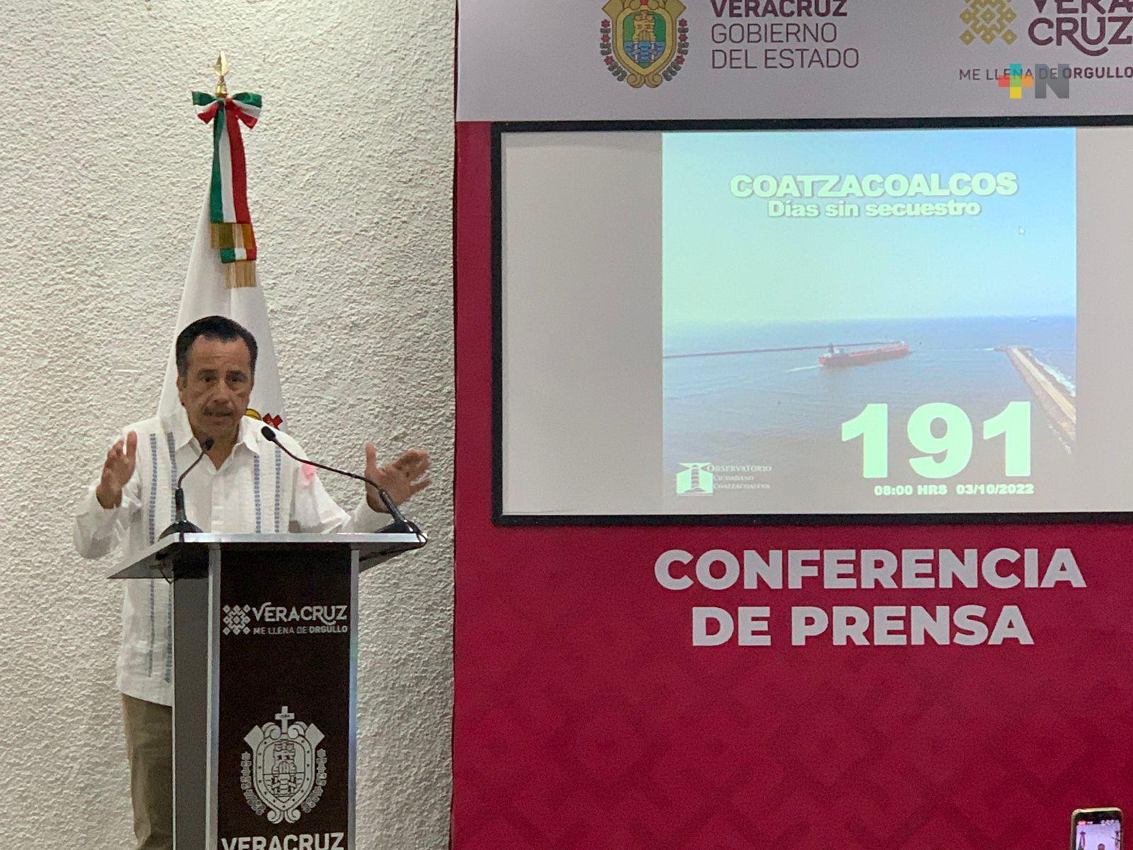 191 días sin secuestro en Coatzacoalcos y sólo dos homicidios en 147, destaca el Gobernador