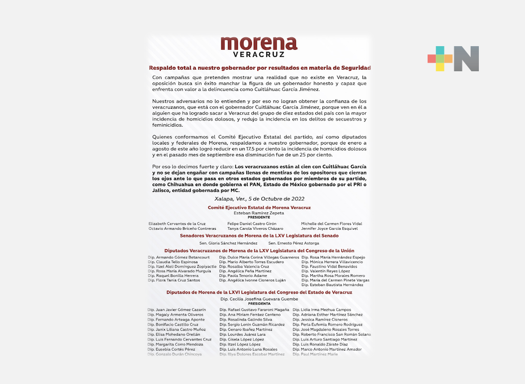 Respaldamos al Gobernador por resultados en materia de Seguridad: CEE Morena, Senadores, Diputados locales y federales