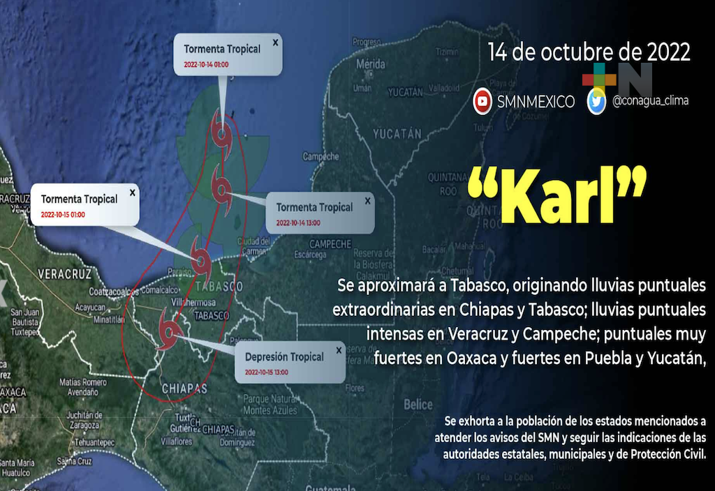 En próximas horas, «Karl» ocasionará lluvias extraordinarias en Chiapas y Tabasco