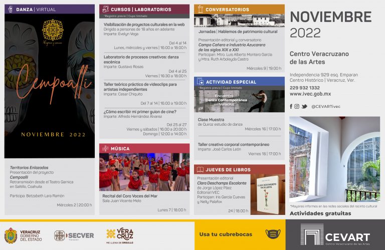 Cartelera del Centro Veracruzano de las Artes “Hugo Argüelles” durante noviembre