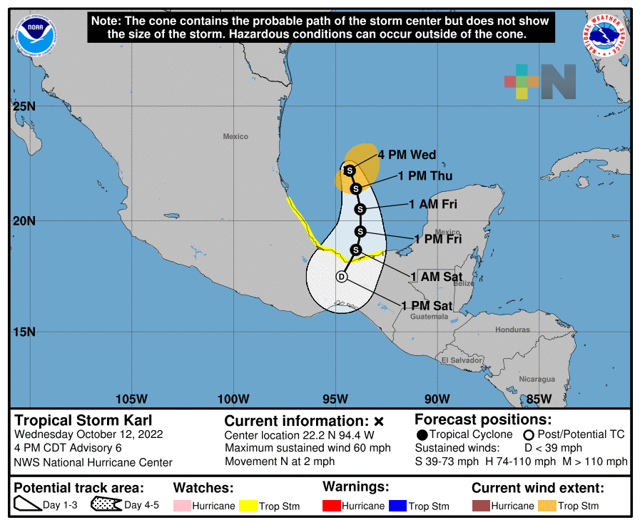 «Karl» se desplaza lentamente, se localiza a 445 kilómetros al norte de Coatzacoalcos