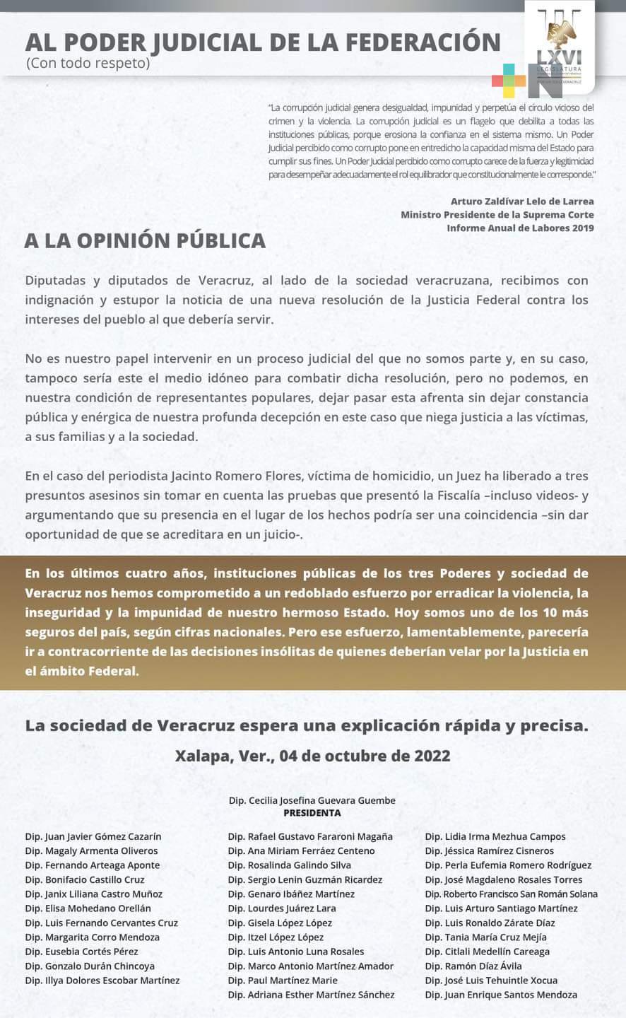 Emiten diputados y diputadas locales, carta abierta al Poder Judicial de la Federación