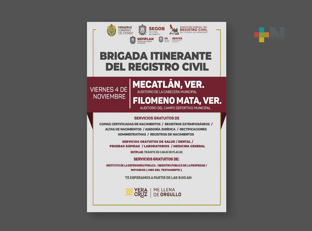 Brigada itinerante del Registro Civil atiende a población en Mecatlán y Filomeno Mata: Eric Cisneros