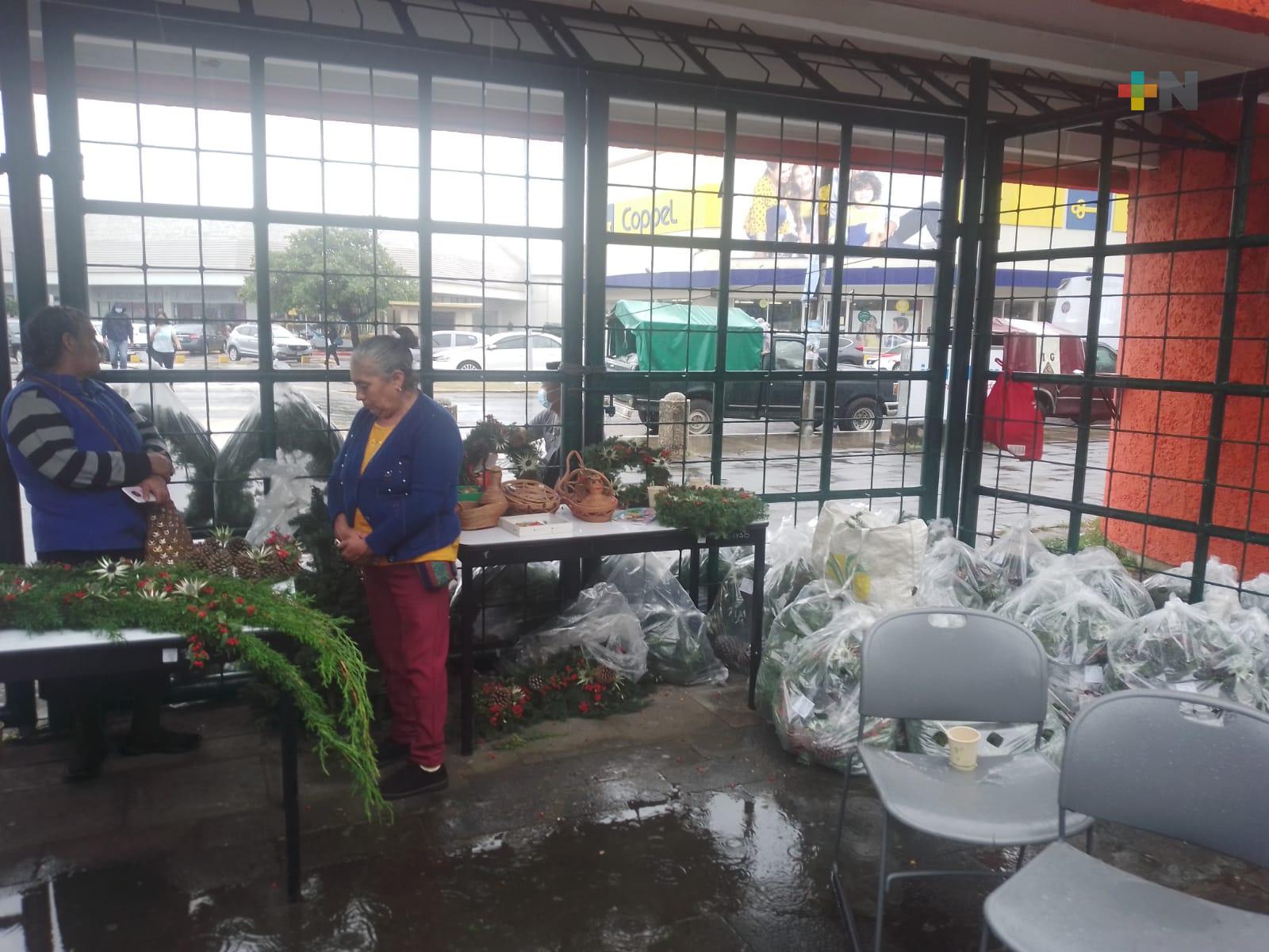 Mujeres de Perote venden pinos y artículos navideños en campus Mocambo de la UV