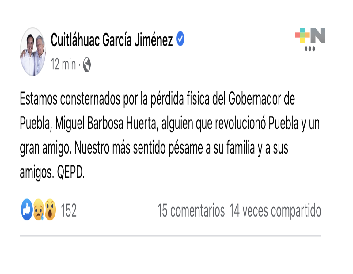 Cuitláhuac García expresa condolencias por el fallecimiento del mandatario poblano, Miguel Barbosa