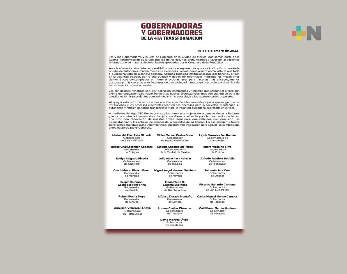 Gobernantes de Morena respaldan Plan B de reforma electoral sugerido por AMLO