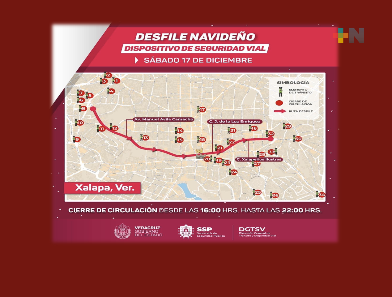 Este sábado 17 de diciembre habrán cortes a circulación en el centro de Xalapa: DGTSV