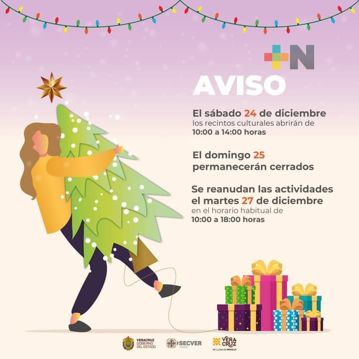 Recintos culturales del IVEC permanecerán abiertos; excepto 25 de diciembre