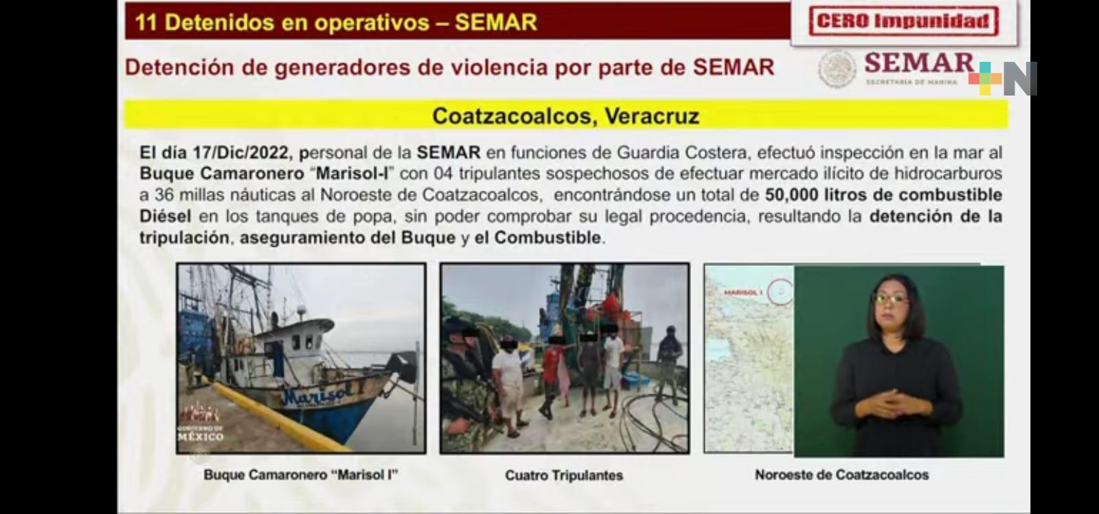 Marina asegura barco y tripulación que transportaban diésel en apariencia ilegal