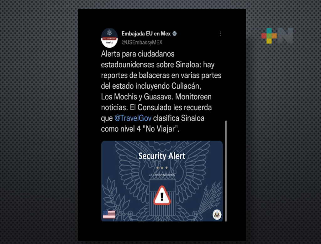 Embajada estadounidense emite «Alerta por violencia» en Sinaloa