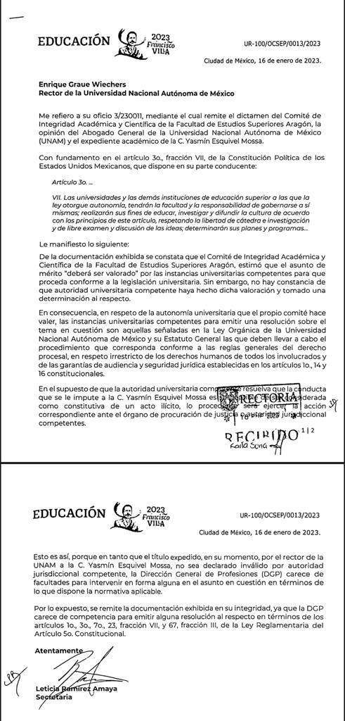 Remite SEP a UNAM oficio por el caso del presunto plagio de tesis