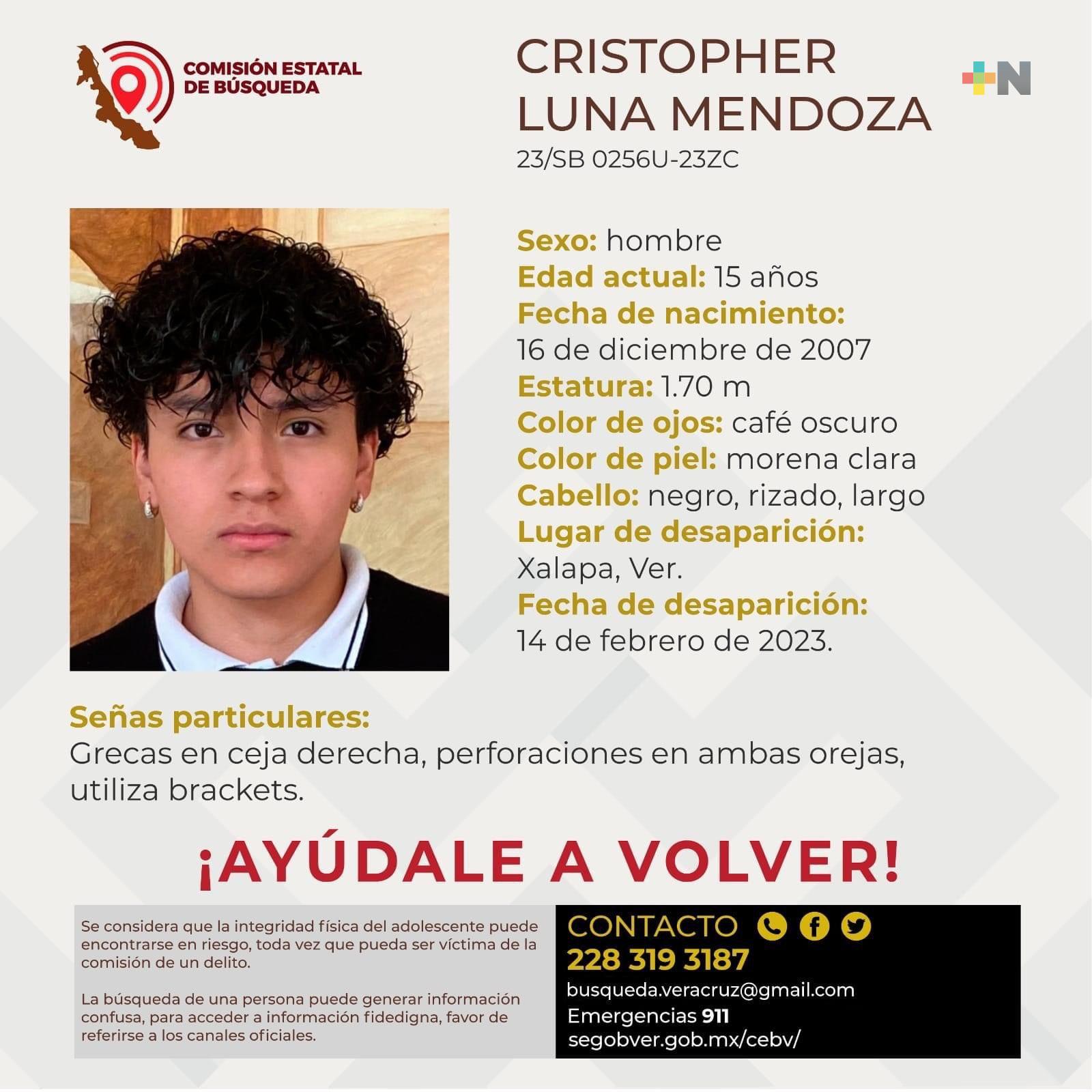 Piden ayuda para localizar a Cristopher Luna Mendoza