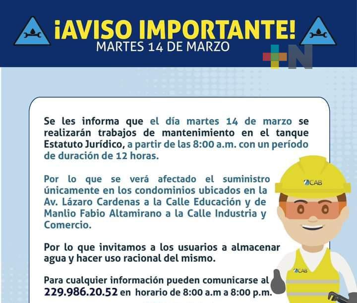 Suspendido por 12 horas servicio de agua debido a mantenimiento de tanque