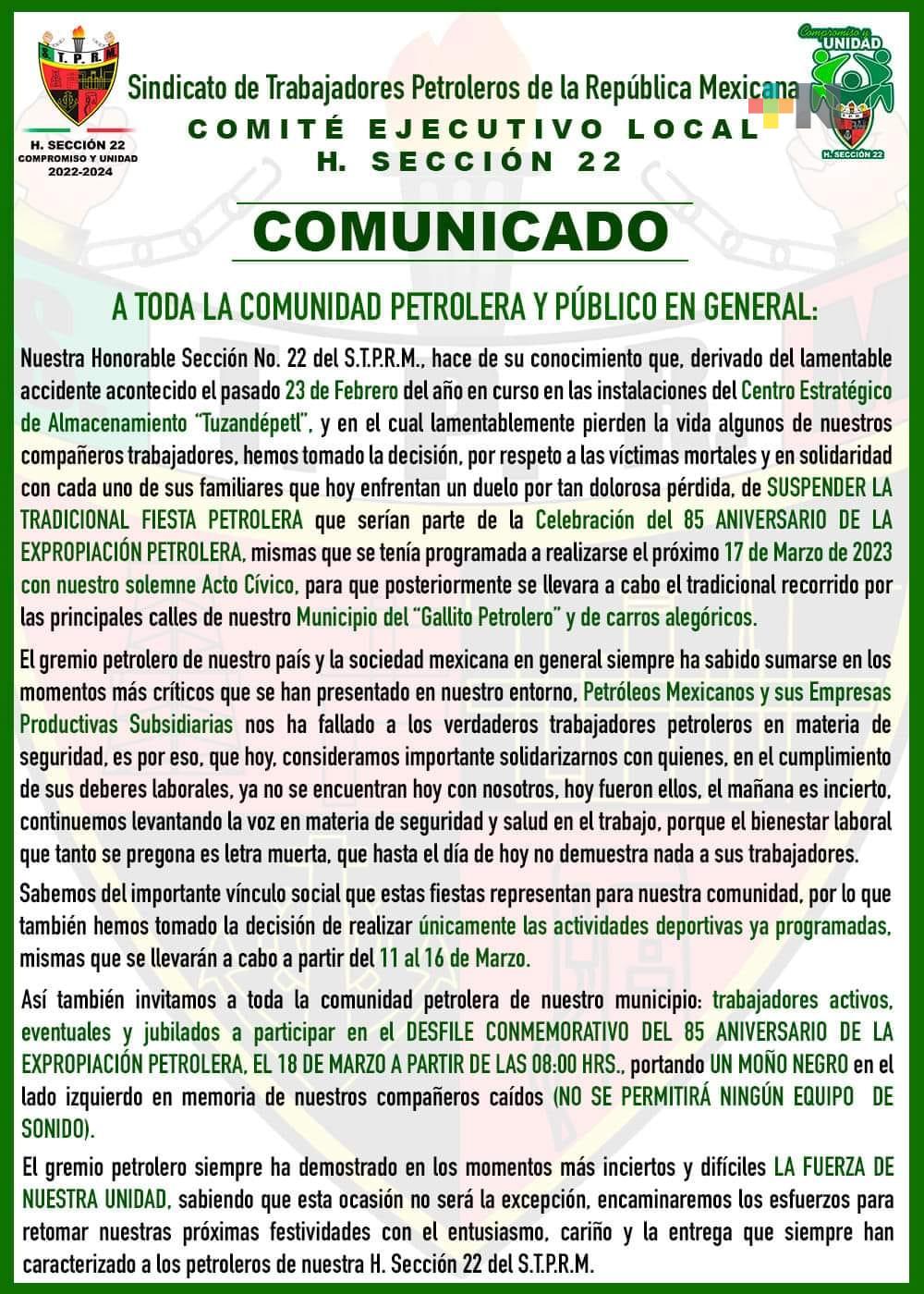 En señal de luto por compañeros fallecidos, sindicato no realizará «Fiesta petrolera»