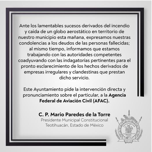 Tras desplome de globo aerostático, gobierno de Teotihuacán pide intervención de AFAC