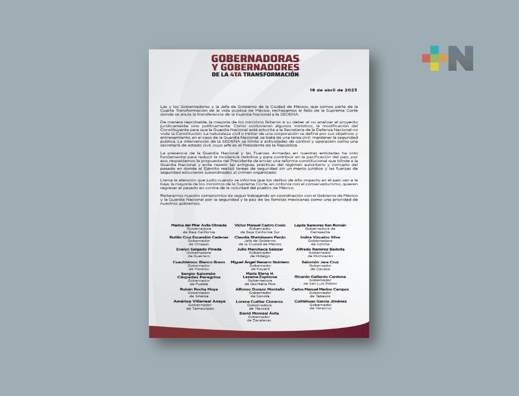 Gobernadores, gobernadoras y Jefa de gobierno de Morena rechazan fallo de la SCJN sobre anulación de transferencia de GN a Sedena