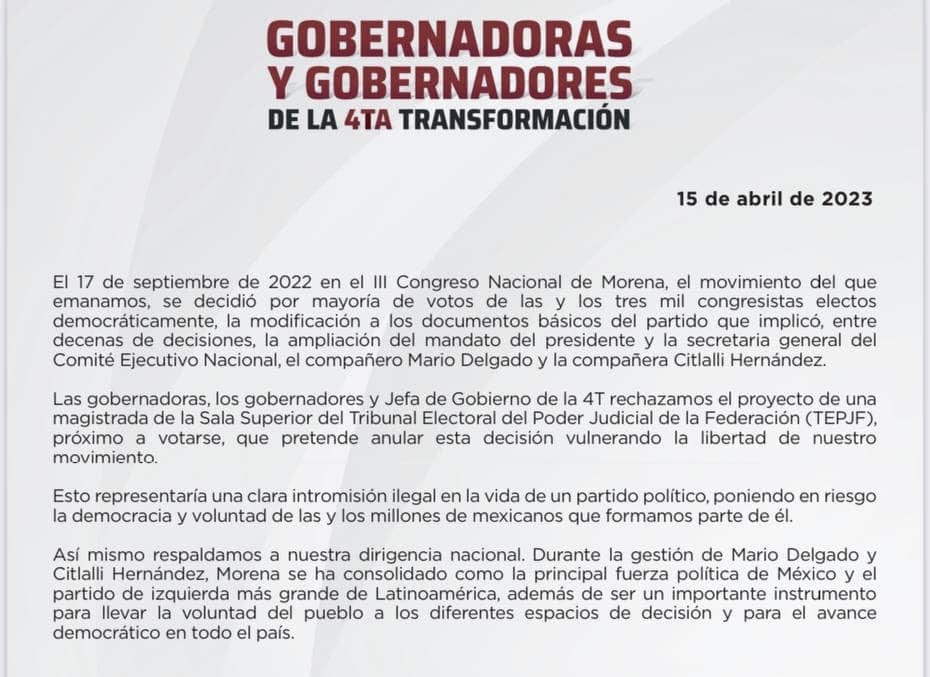 Gobernadores, gobernadoras y jefa de Gobierno de Morena respaldan y exigen ampliación en dirigencia nacional de Mario Delgado