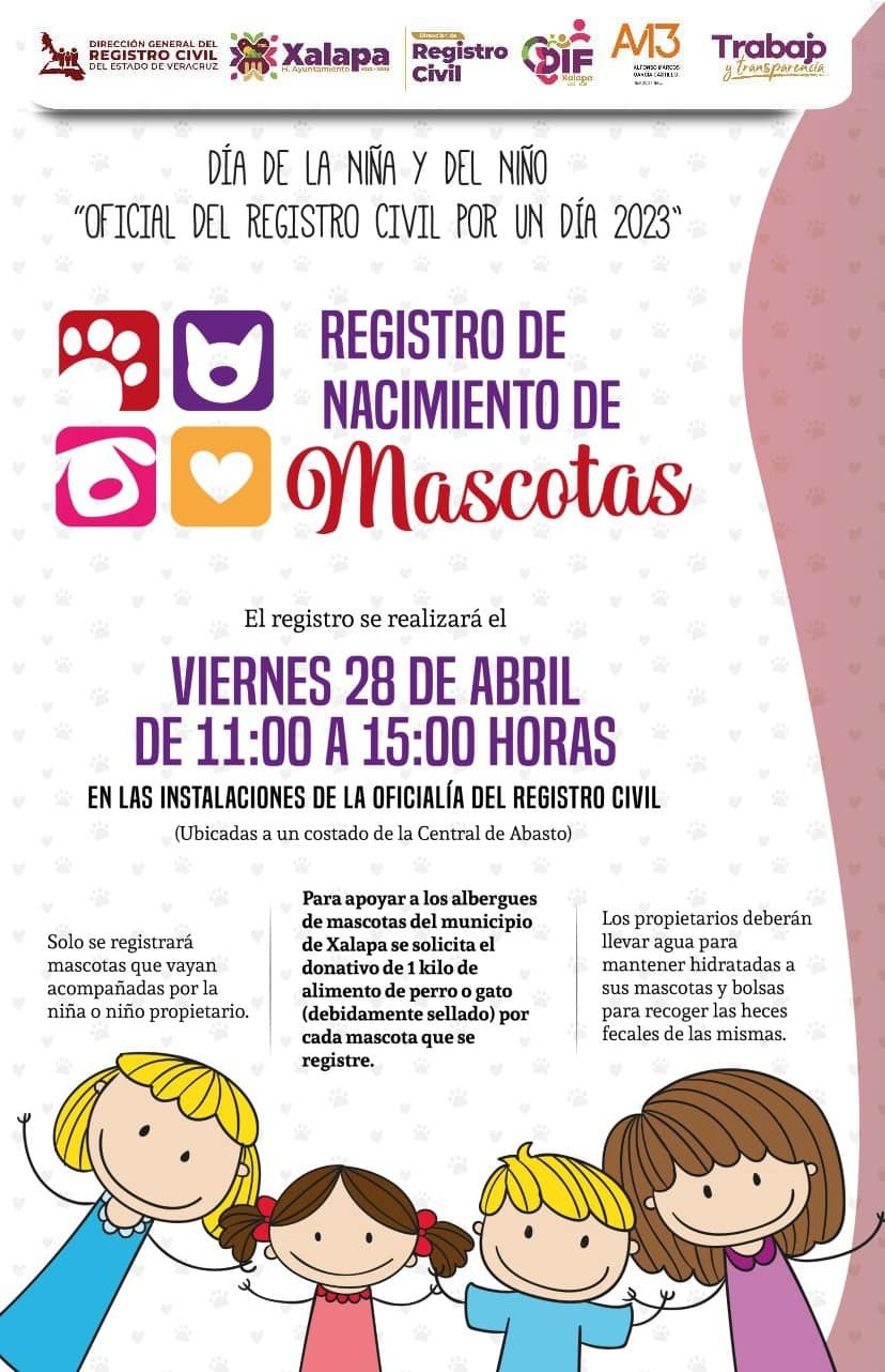 Invitan a infantes a registrar el nacimiento de sus mascotas el viernes 28 de  abril