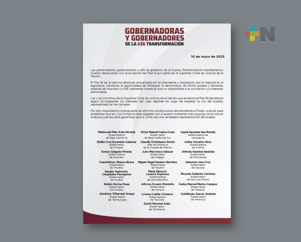 Gobernadoras, gobernadores y Jefa de gobierno de Morena respaldan propuesta de reforma para que las y los ministros sean elegidos mediante voto popular