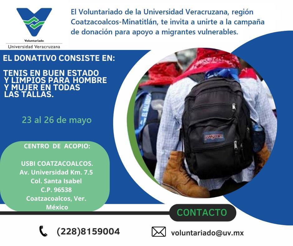 Voluntariado de la UV Coatza-Mina invita a donar tenis para migrantes