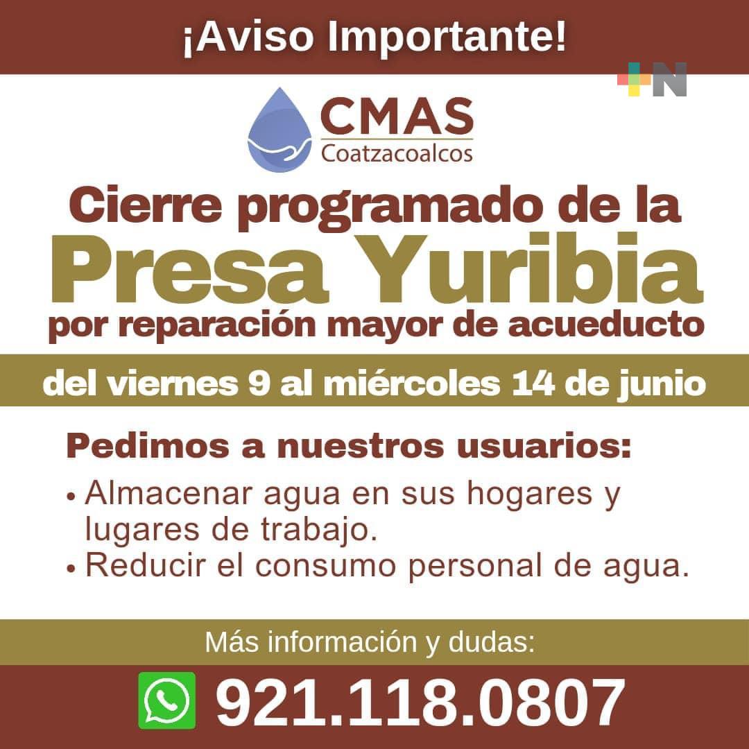 Por trabajos de mantenimiento, CMAS Coatza cerrará presa Yuribia