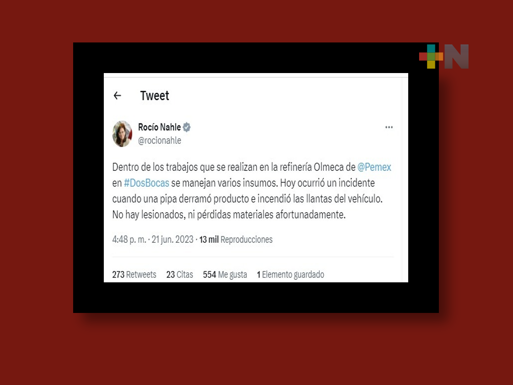 No hay lesionados, ni pérdidas materiales en incidente de Refinería Olmeca: Rocío Nahle