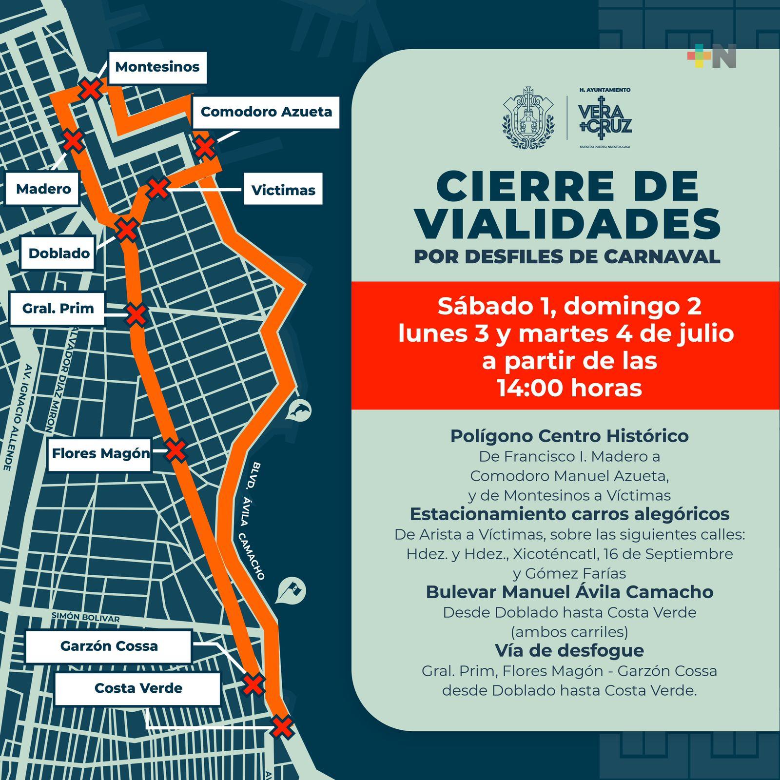 Cierran vialidades por desfiles del carnaval de Veracruz