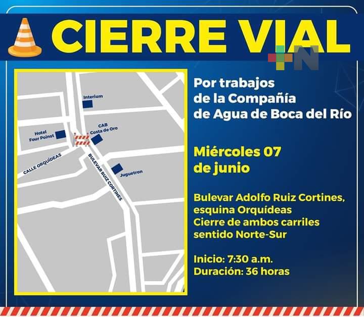 Cierran bulevar Ruiz Cortines en Boca del Río por mantenimiento al servicio de agua