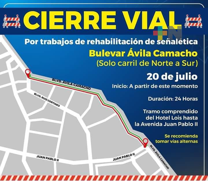 Por rehabilitación de señalética cierran bulevar Ávila Camacho de Boca del Río