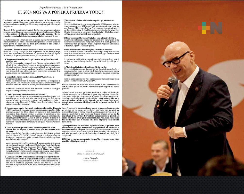 En carta abierta Dante Delgado descarta  por completo sumarse a alianza del PRI