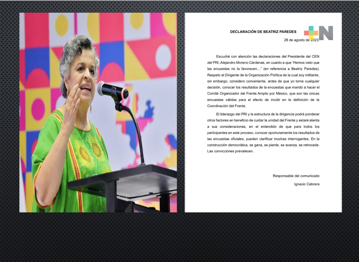 «No declinaré y esperaré resultados oficiales de encuestas», responde Beatriz Paredes a «Alito» Moreno