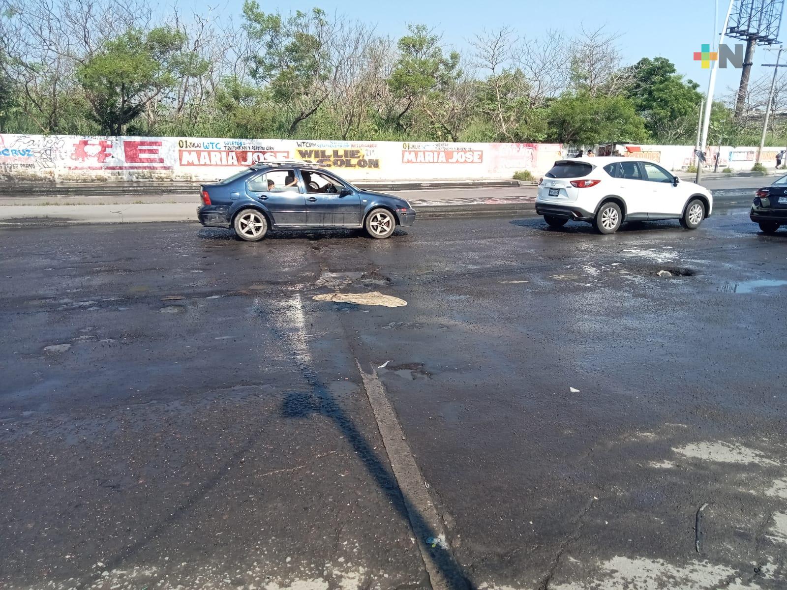 Baches y fuga de aguas negras en la entrada del Infonavit Las Vegas de Boca del Río