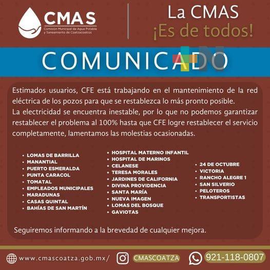 Por mantenimiento de CMAS Coatza, 21 colonias y dos hospitales sin agua