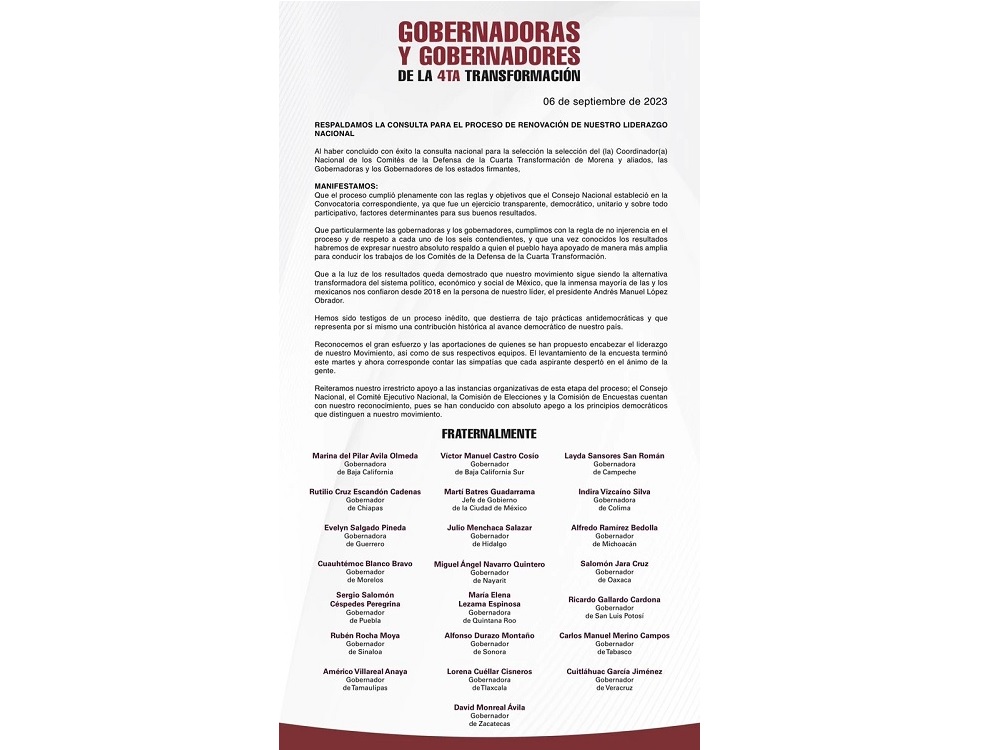Gobernadores de Morena respaldan consulta para la renovación del liderazgo del partido
