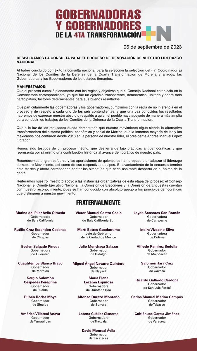 Sin regateos, gobernadores y Cuitláhuac cierran filas con Claudia Sheinbaum tras ganar proceso interno