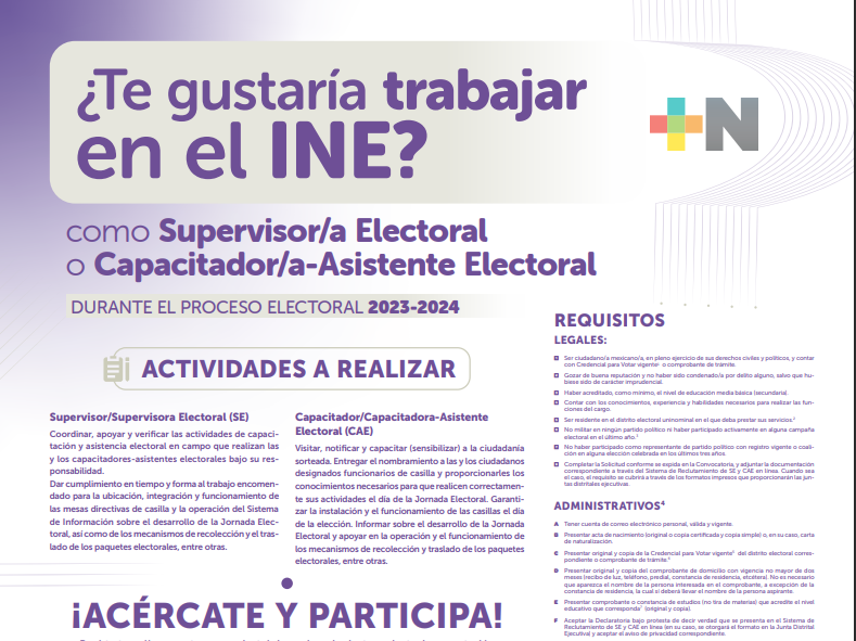 Aún abierta convocatoria para supervisores y capacitadores electorales: INE