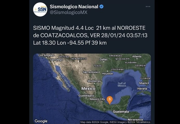 Se registra sismo con magnitud 4.4 en Coatzacoalcos